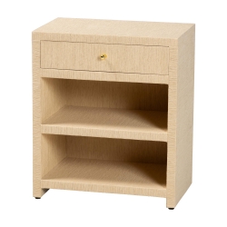 bali & pari William Grasscloth 1-Drawer Nightstand with Open Shelves - Woven Texture Bedside Table with Gold Knob, Modern Coastal Accent Table for Bedroom